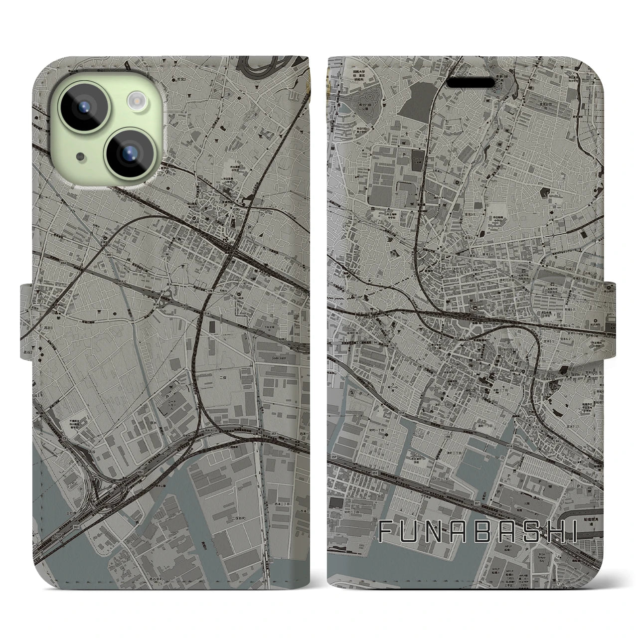 【船橋(千葉県)】地図柄iPhoneケース(手帳タイプ)モノトーン・iPhone 15 用