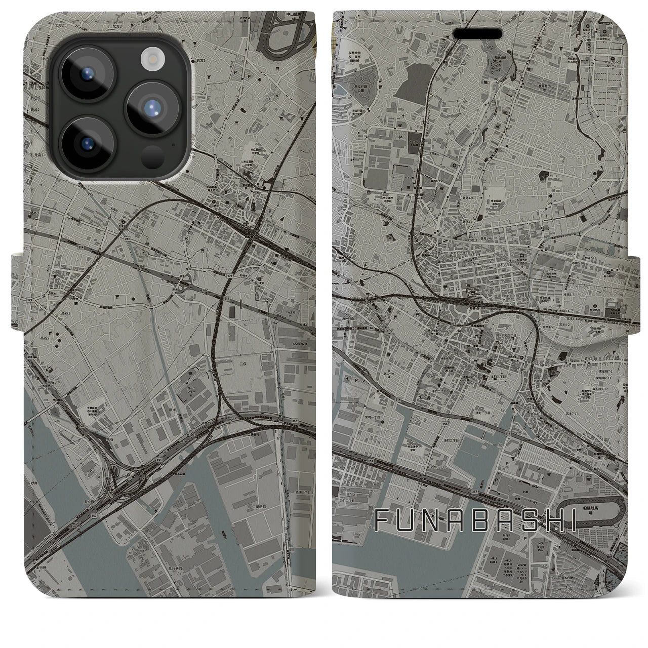 【船橋(千葉県)】地図柄iPhoneケース(手帳タイプ)モノトーン・iPhone 15 Pro Max 用