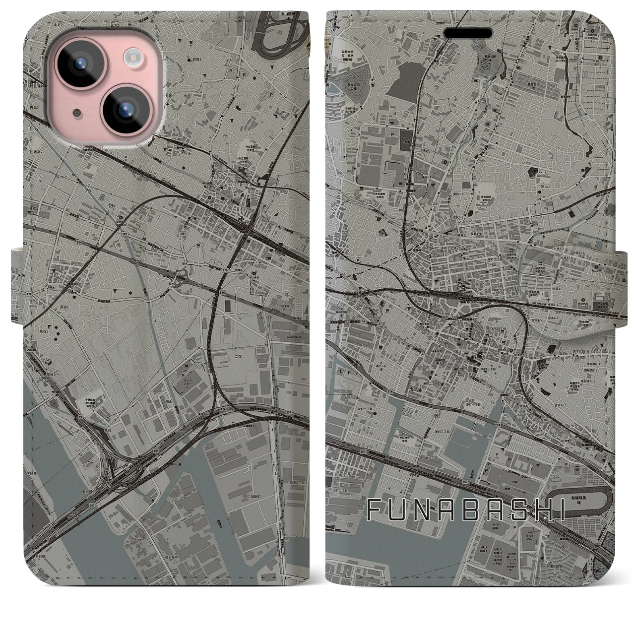 【船橋(千葉県)】地図柄iPhoneケース(手帳タイプ)モノトーン・iPhone 15 Plus 用