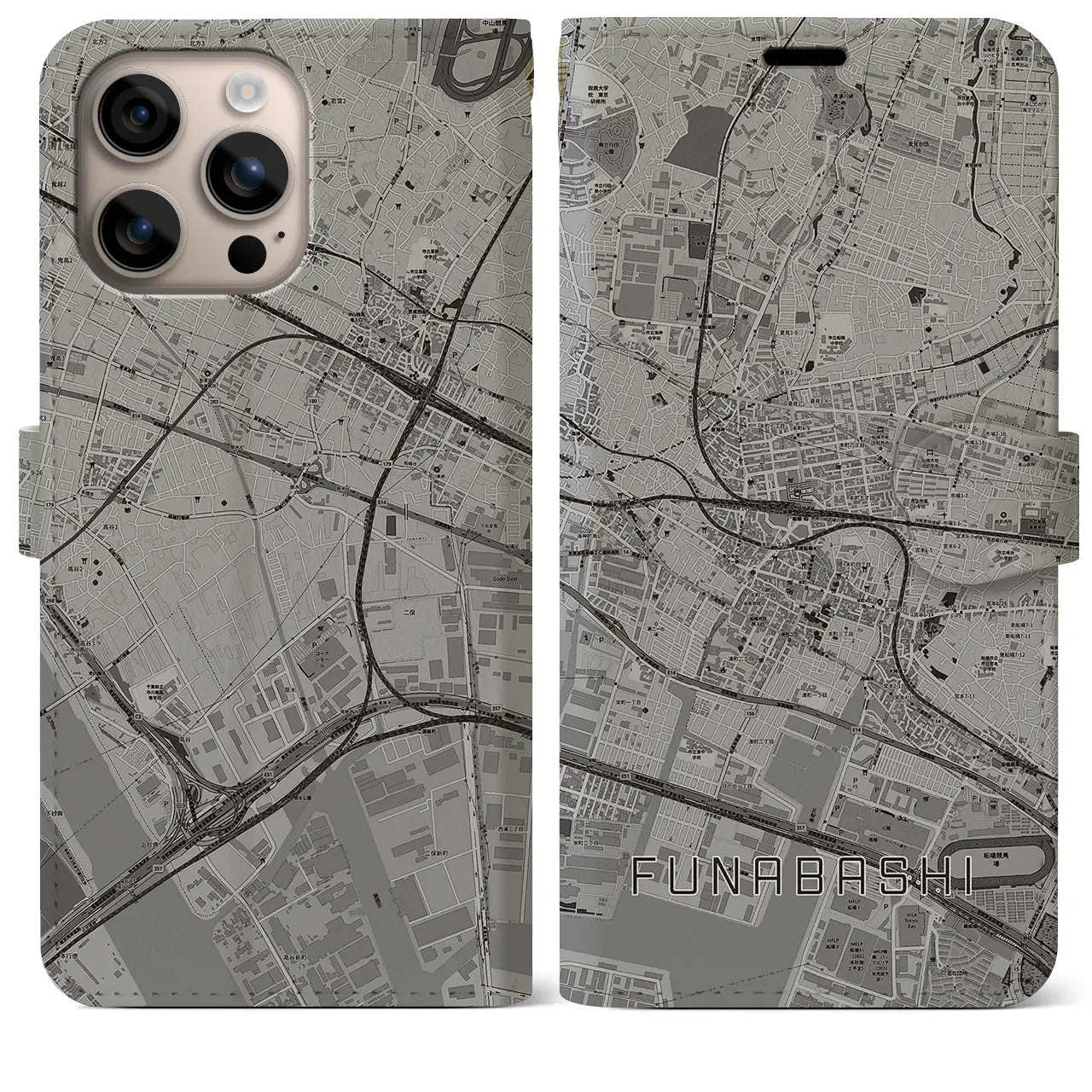【船橋(千葉県)】地図柄iPhoneケース(手帳タイプ)モノトーン・iPhone 16 Plus 用