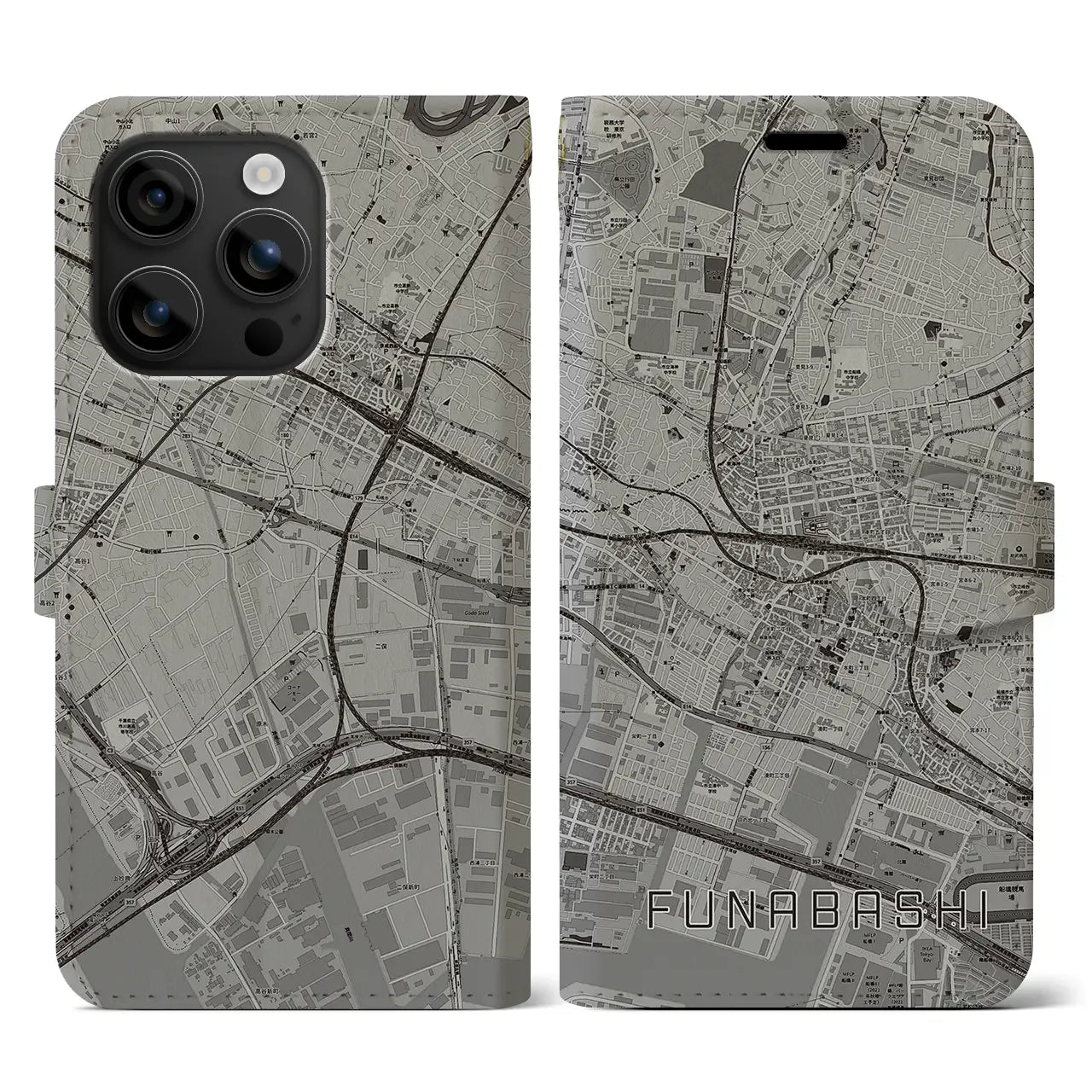【船橋(千葉県)】地図柄iPhoneケース(手帳タイプ)モノトーン・iPhone 16 用