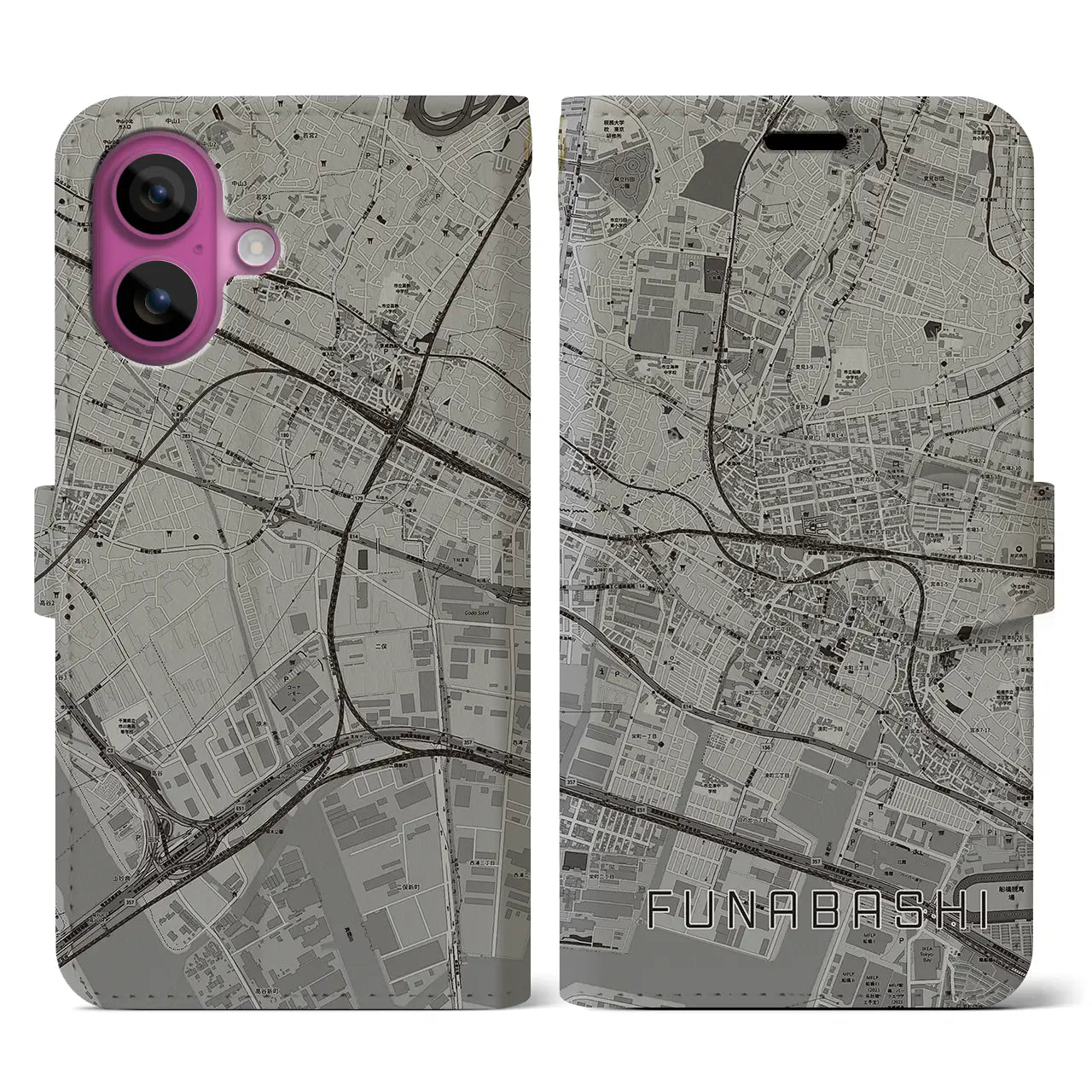 【船橋(千葉県)】地図柄iPhoneケース(手帳タイプ)モノトーン・iPhone 16 Pro 用
