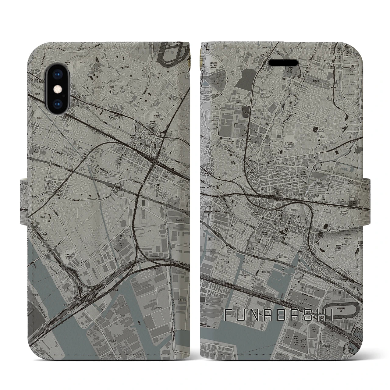 【船橋(千葉県)】地図柄iPhoneケース(手帳タイプ)モノトーン・iPhone XS / X 用