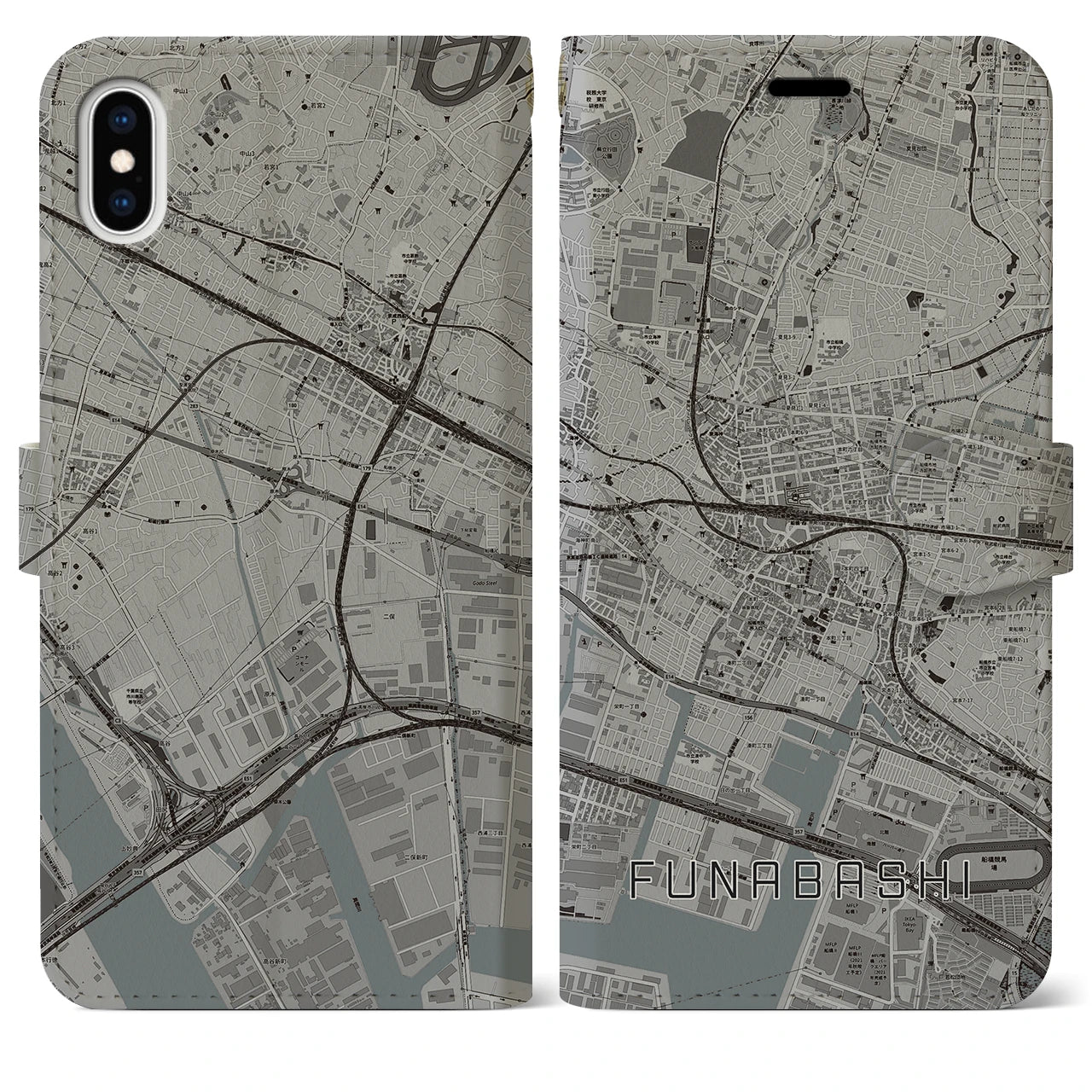 【船橋(千葉県)】地図柄iPhoneケース(手帳タイプ)モノトーン・iPhone XS Max 用