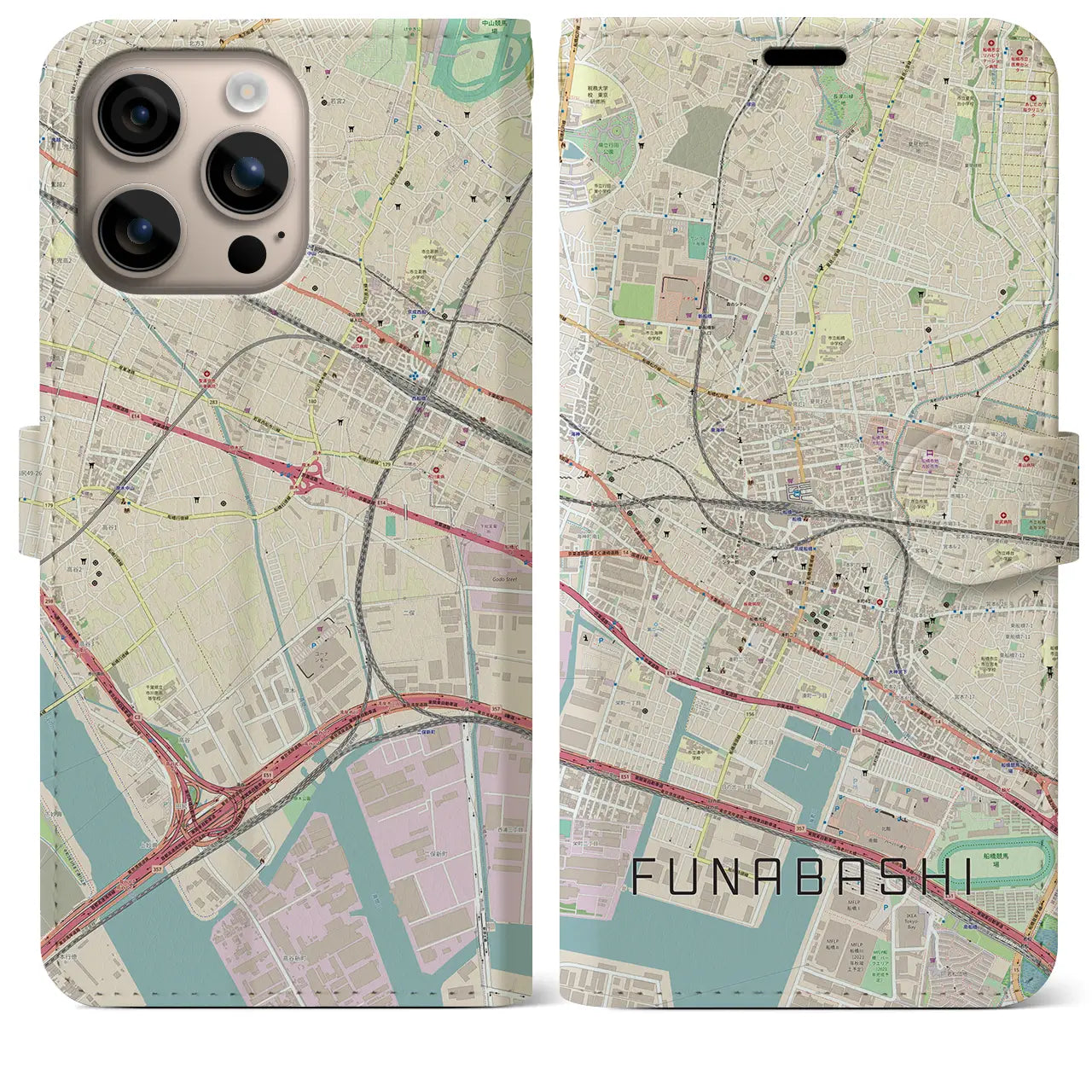 【船橋(千葉県)】地図柄iPhoneケース(手帳タイプ)ナチュラル・iPhone 16 Plus 用
