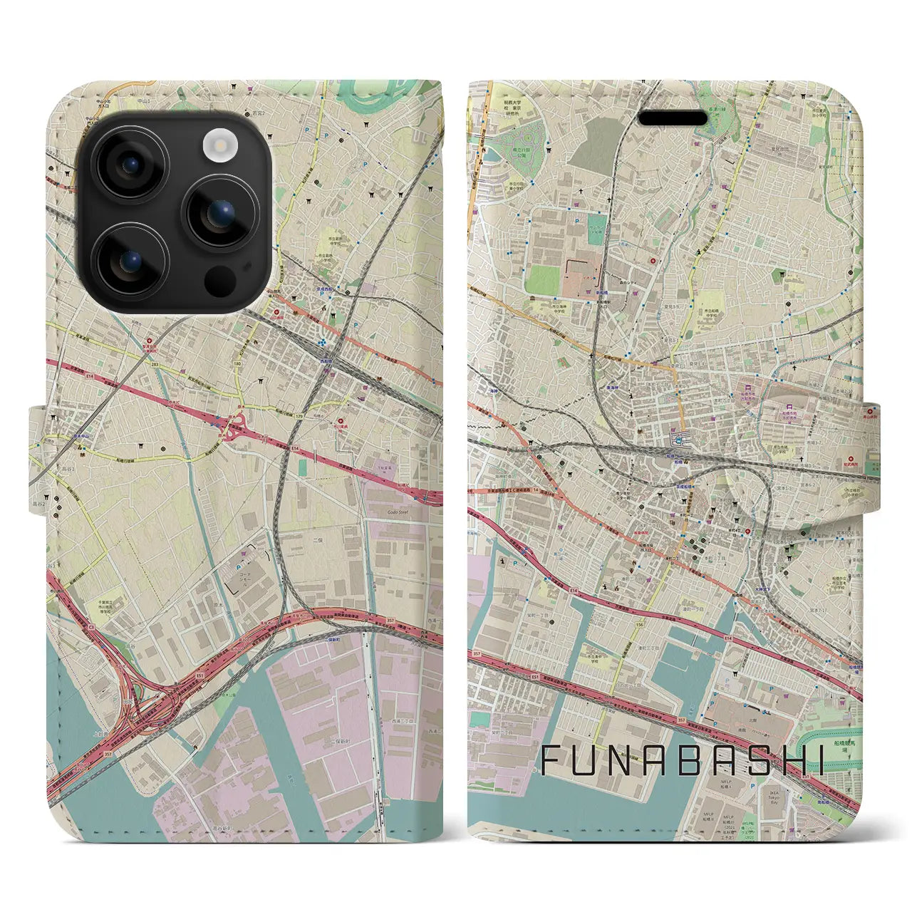 【船橋(千葉県)】地図柄iPhoneケース(手帳タイプ)ナチュラル・iPhone 16 用