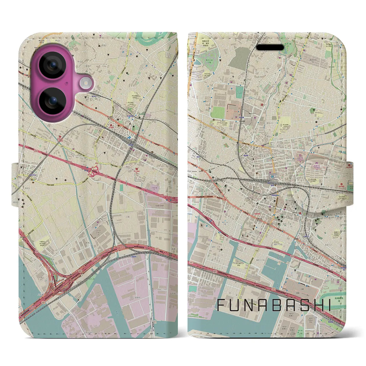 【船橋(千葉県)】地図柄iPhoneケース(手帳タイプ)ナチュラル・iPhone 16 Pro 用