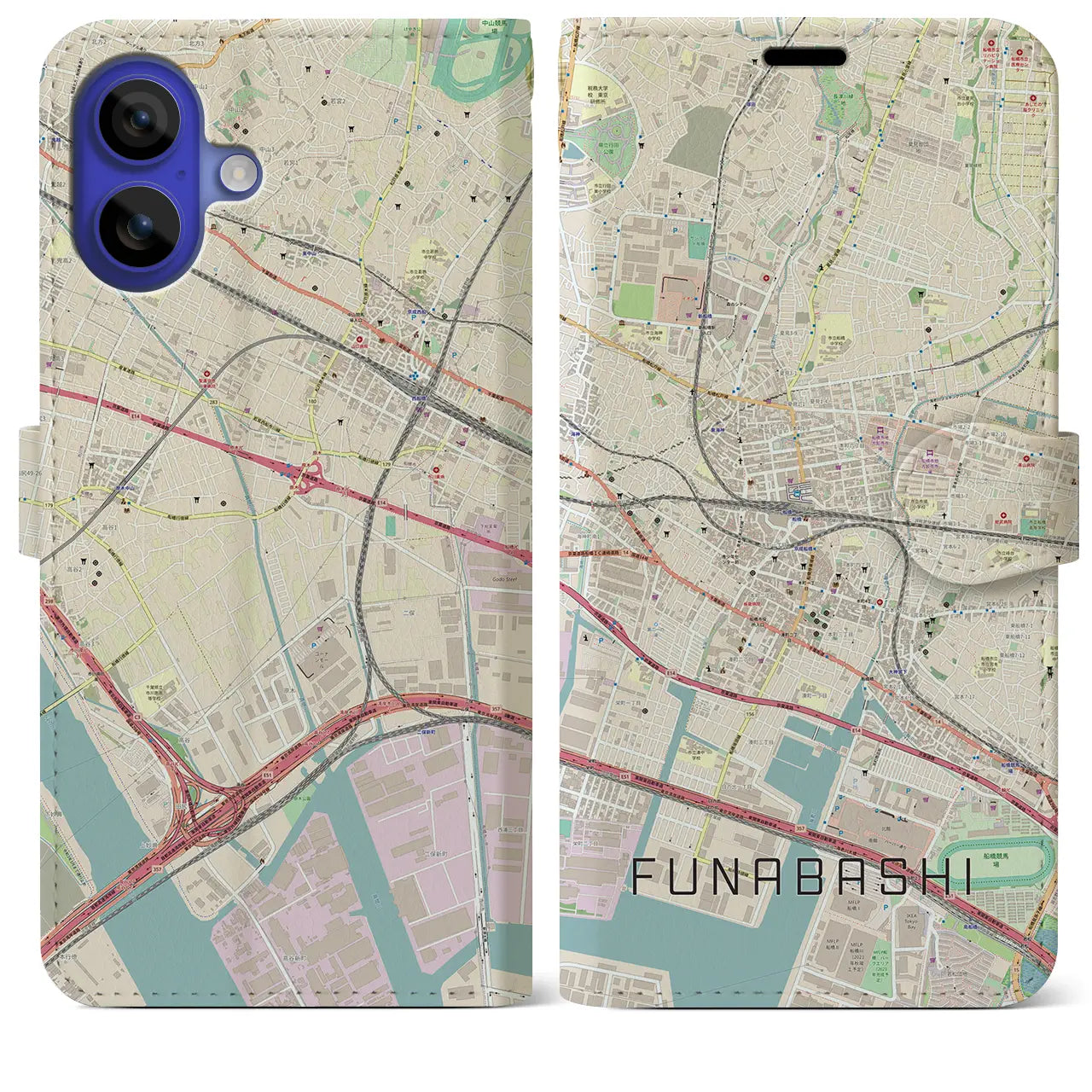 【船橋(千葉県)】地図柄iPhoneケース(手帳タイプ)ナチュラル・iPhone 16 Pro Max 用