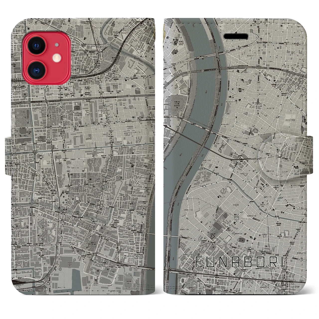 【船堀(東京都)】地図柄iPhoneケース(手帳タイプ)モノトーン・iPhone 11 用