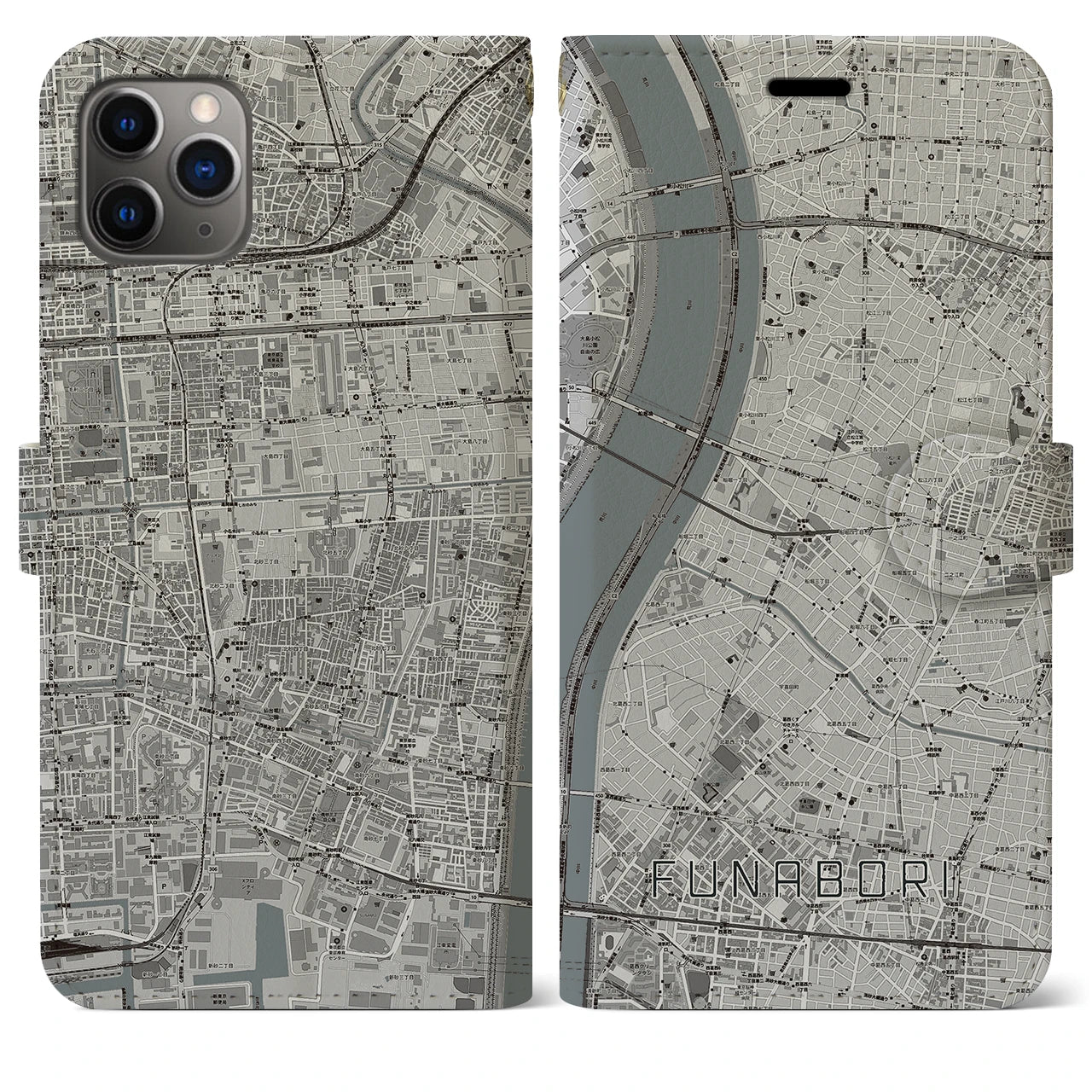 【船堀(東京都)】地図柄iPhoneケース(手帳タイプ)モノトーン・iPhone 11 Pro Max 用