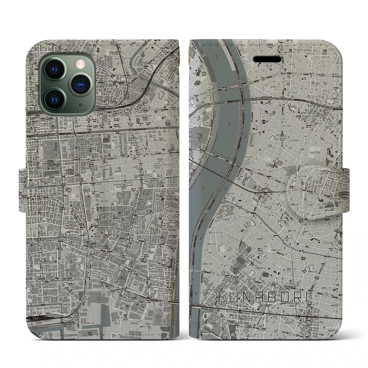 【船堀(東京都)】地図柄iPhoneケース(手帳タイプ)モノトーン・iPhone 11 Pro 用