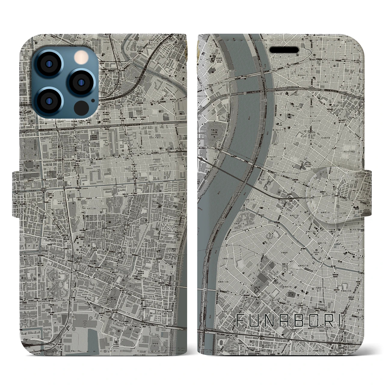 【船堀(東京都)】地図柄iPhoneケース(手帳タイプ)モノトーン・iPhone 12 / 12 Pro 用