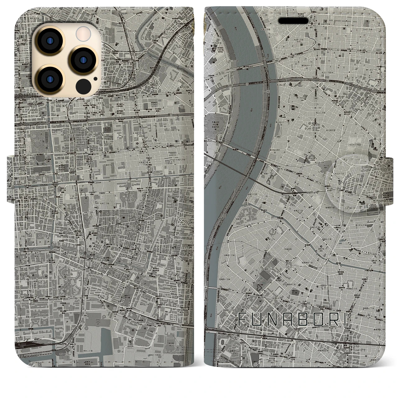 【船堀(東京都)】地図柄iPhoneケース(手帳タイプ)モノトーン・iPhone 12 Pro Max 用