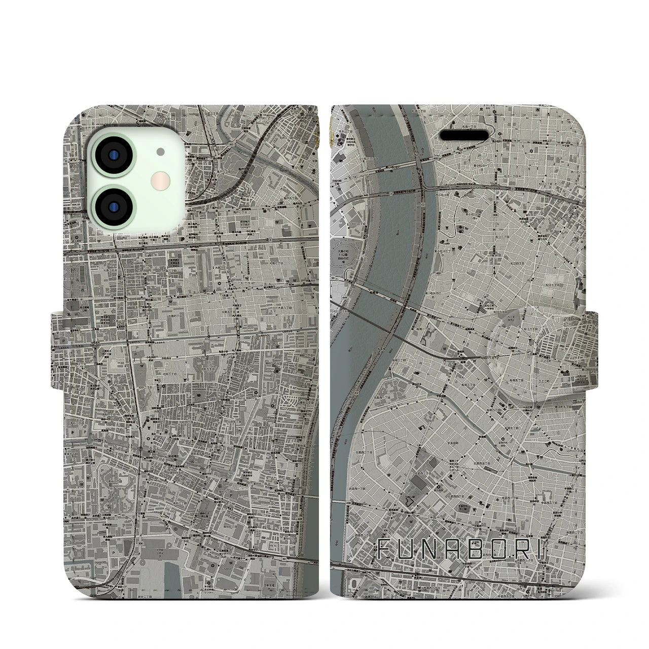 【船堀(東京都)】地図柄iPhoneケース(手帳タイプ)モノトーン・iPhone 12 mini 用