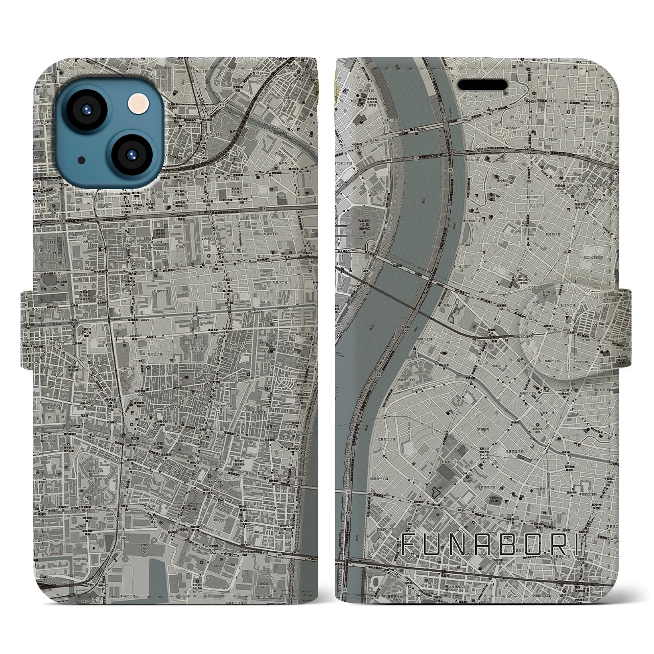 【船堀(東京都)】地図柄iPhoneケース(手帳タイプ)モノトーン・iPhone 13 用