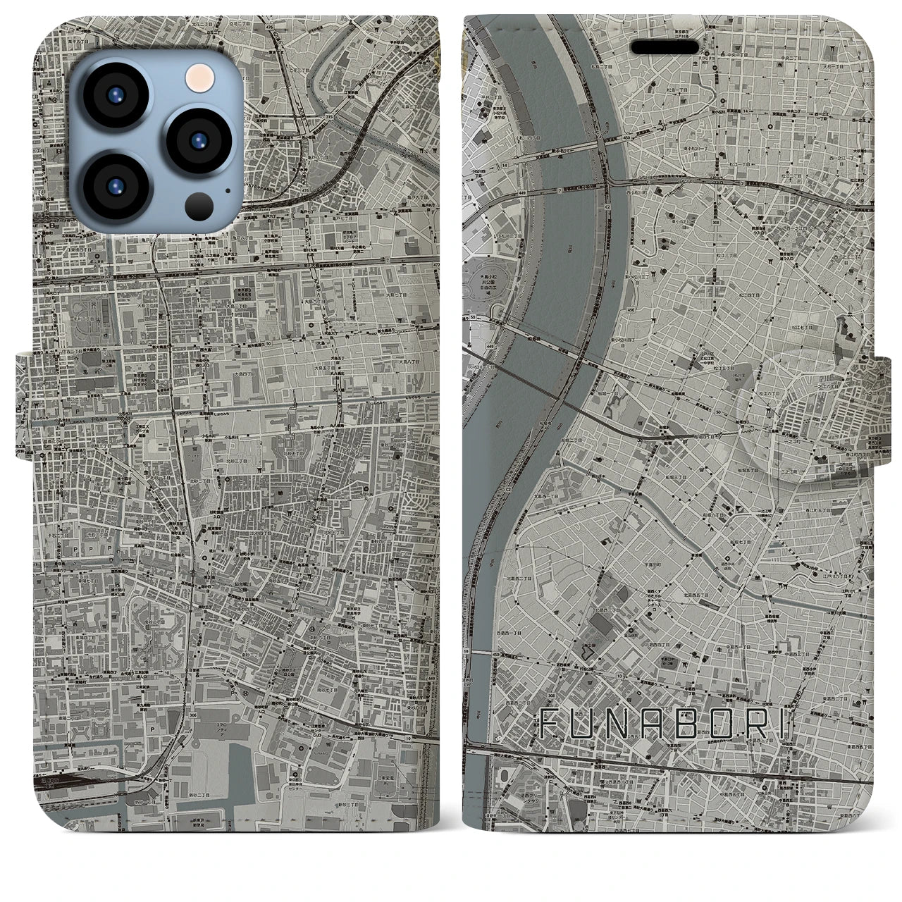 【船堀(東京都)】地図柄iPhoneケース(手帳タイプ)モノトーン・iPhone 13 Pro Max 用