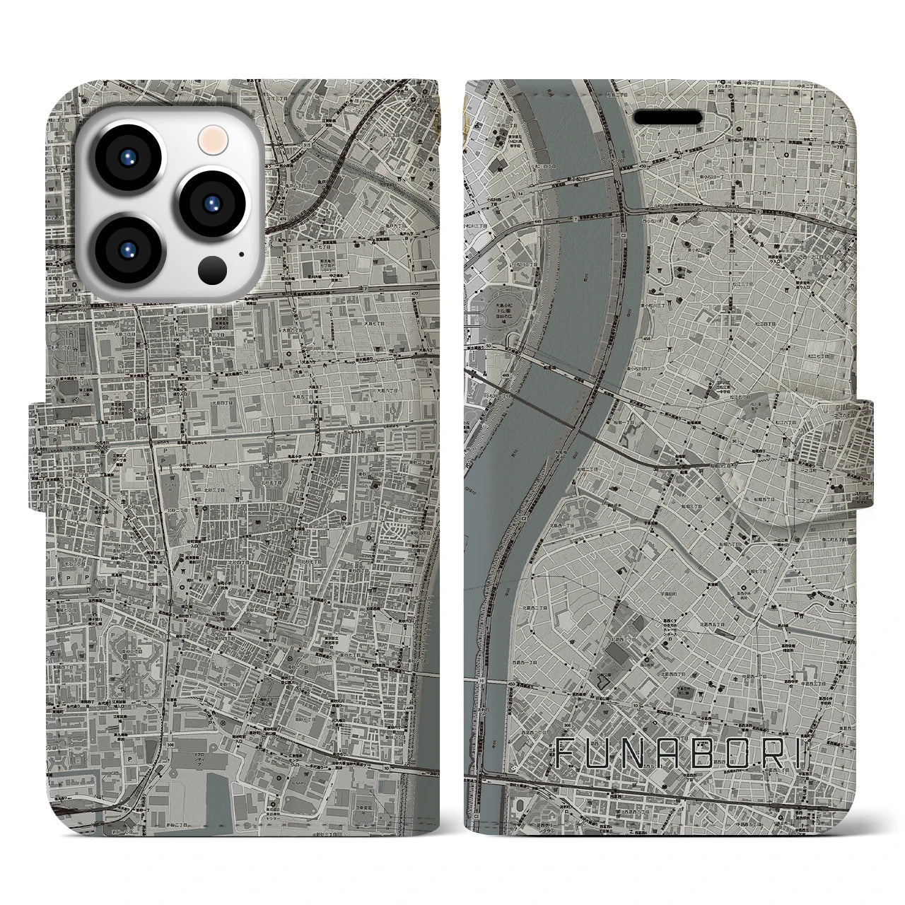 【船堀(東京都)】地図柄iPhoneケース(手帳タイプ)モノトーン・iPhone 13 Pro 用