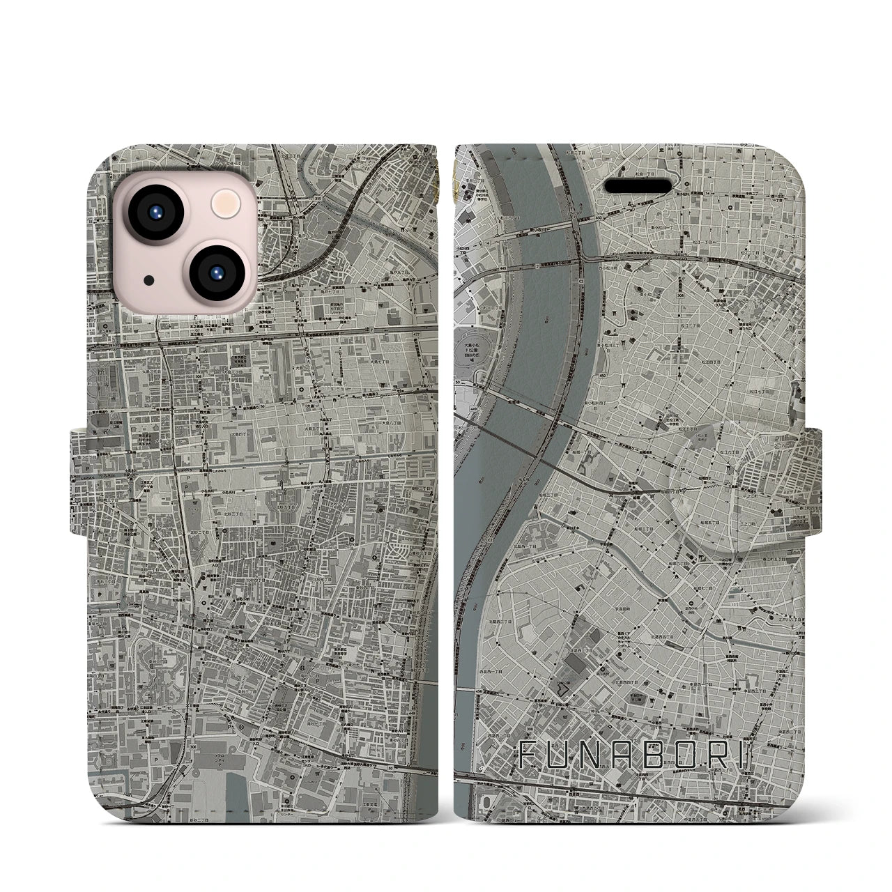 【船堀(東京都)】地図柄iPhoneケース(手帳タイプ)モノトーン・iPhone 13 mini 用