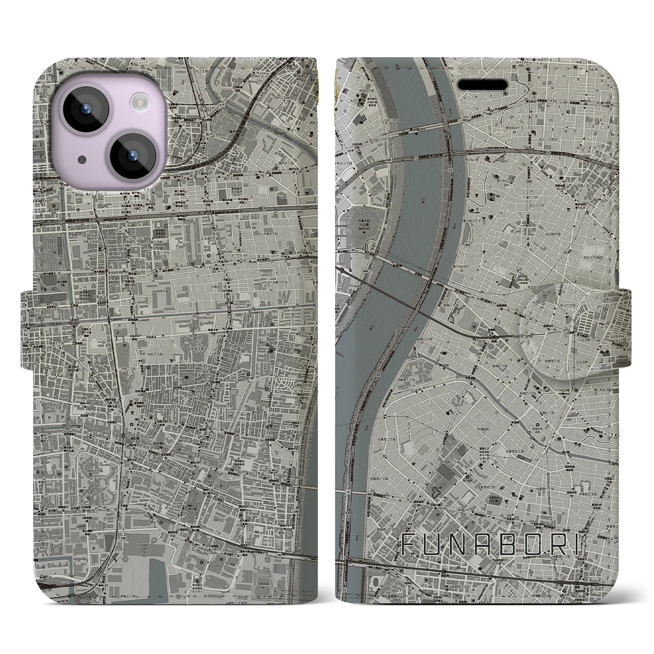 【船堀(東京都)】地図柄iPhoneケース(手帳タイプ)モノトーン・iPhone 14 用