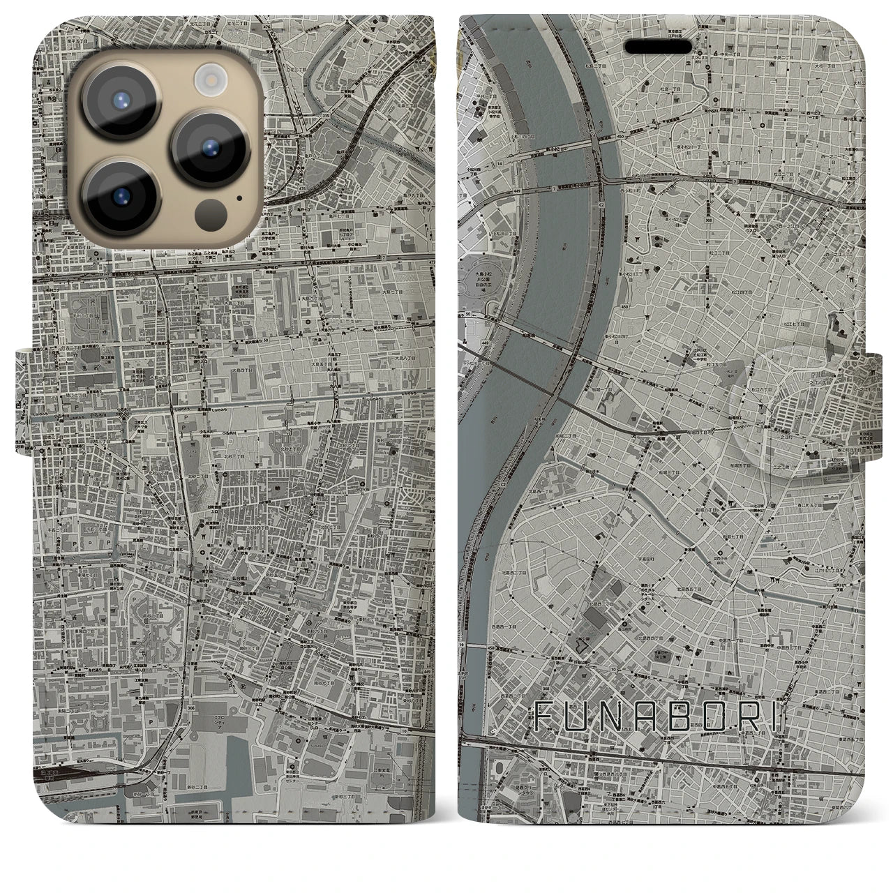 【船堀(東京都)】地図柄iPhoneケース(手帳タイプ)モノトーン・iPhone 14 Pro Max 用