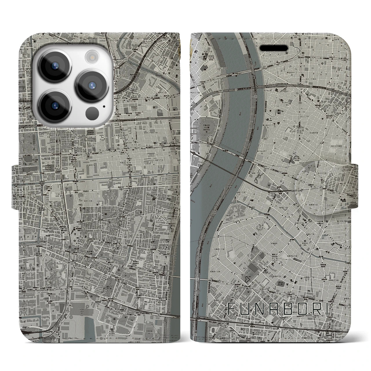 【船堀(東京都)】地図柄iPhoneケース(手帳タイプ)モノトーン・iPhone 14 Pro 用