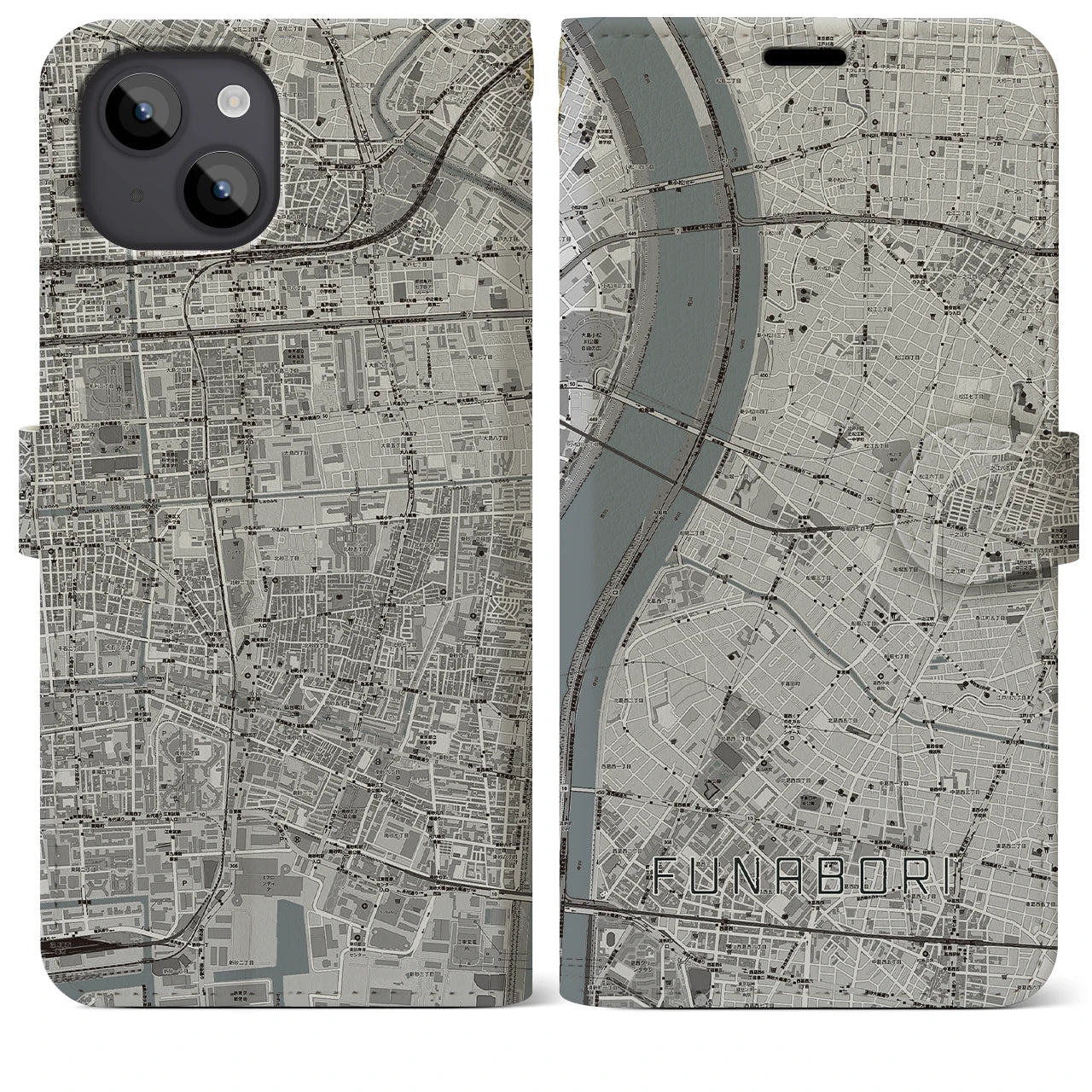 【船堀(東京都)】地図柄iPhoneケース(手帳タイプ)モノトーン・iPhone 14 Plus 用