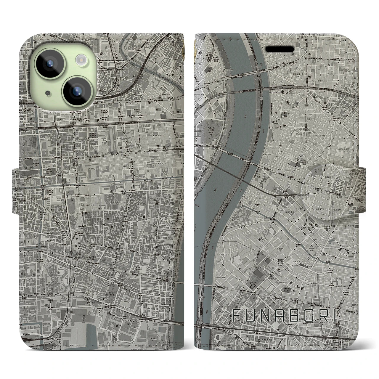 【船堀(東京都)】地図柄iPhoneケース(手帳タイプ)モノトーン・iPhone 15 用