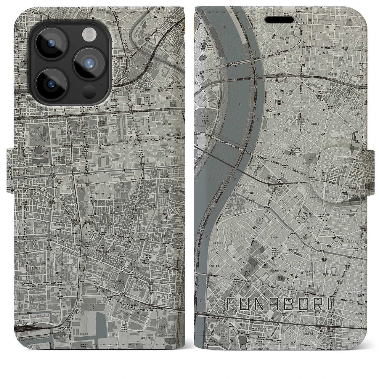 【船堀(東京都)】地図柄iPhoneケース(手帳タイプ)モノトーン・iPhone 15 Pro Max 用