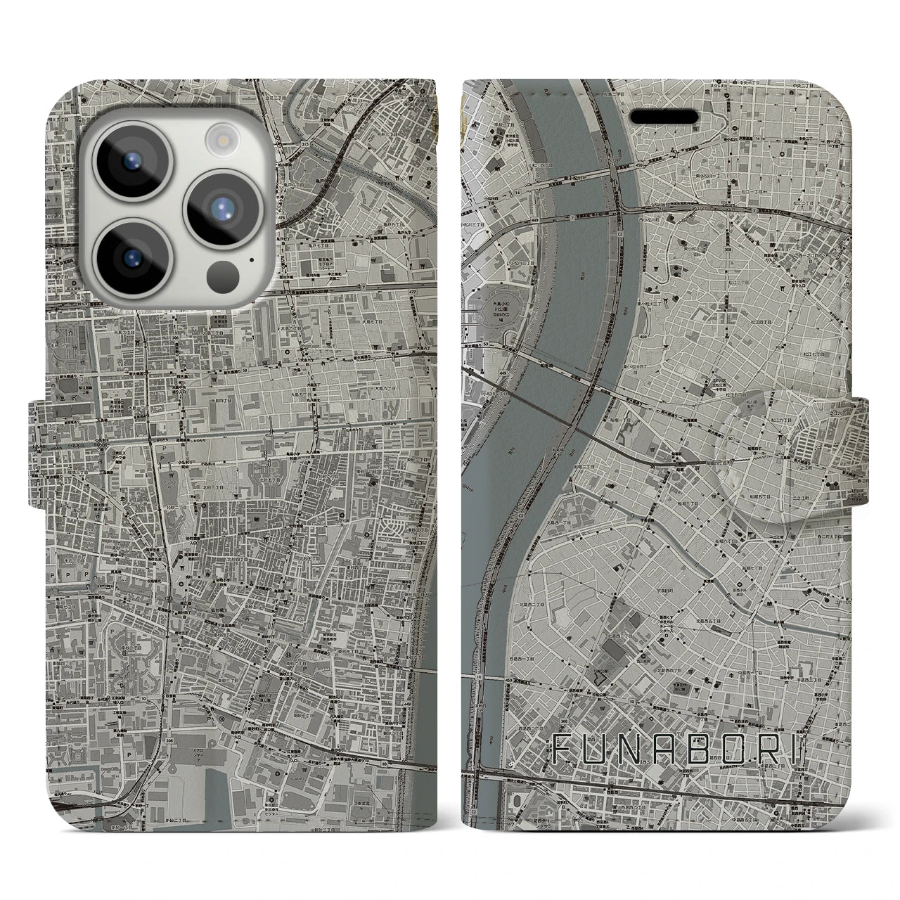 【船堀(東京都)】地図柄iPhoneケース(手帳タイプ)モノトーン・iPhone 15 Pro 用