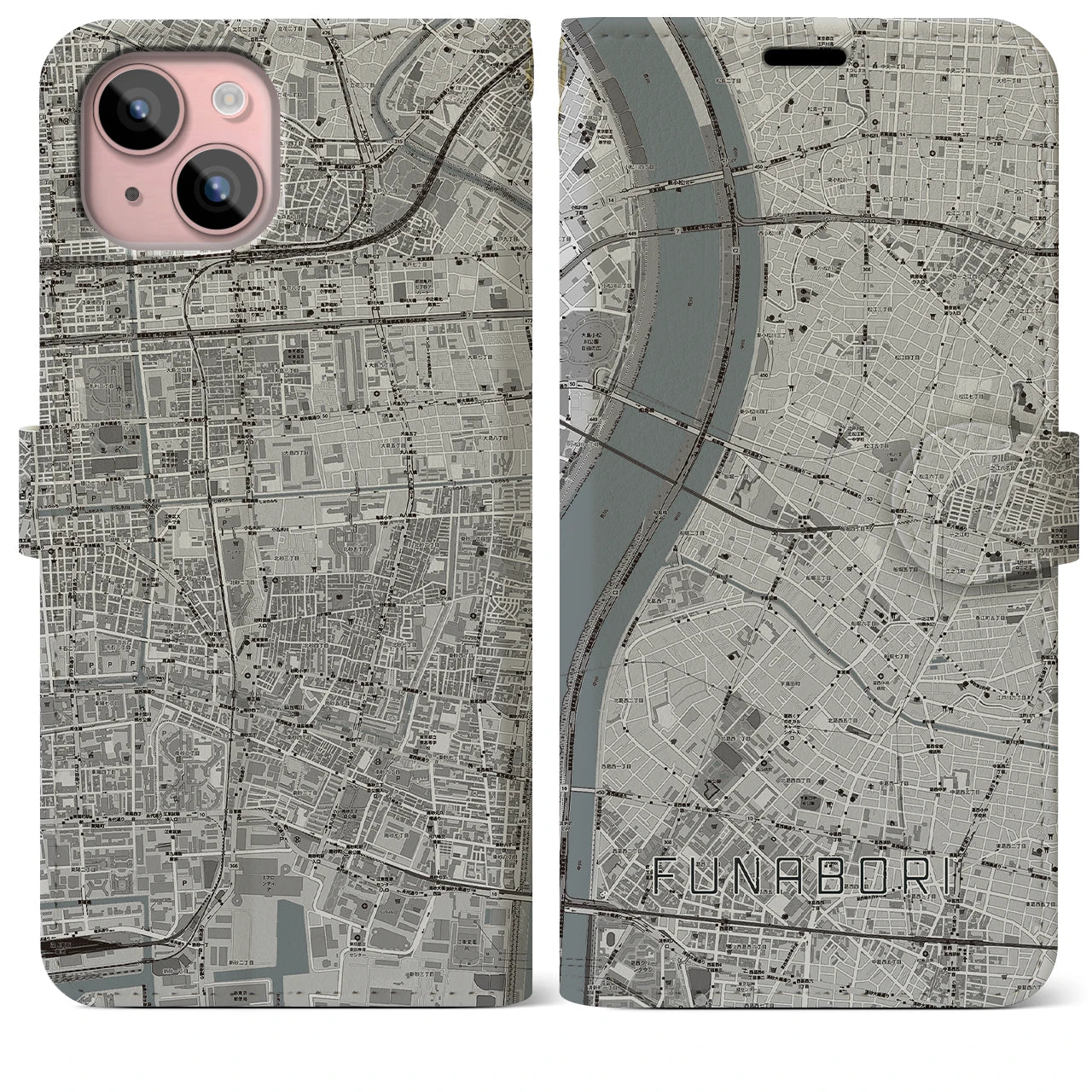 【船堀(東京都)】地図柄iPhoneケース(手帳タイプ)モノトーン・iPhone 15 Plus 用