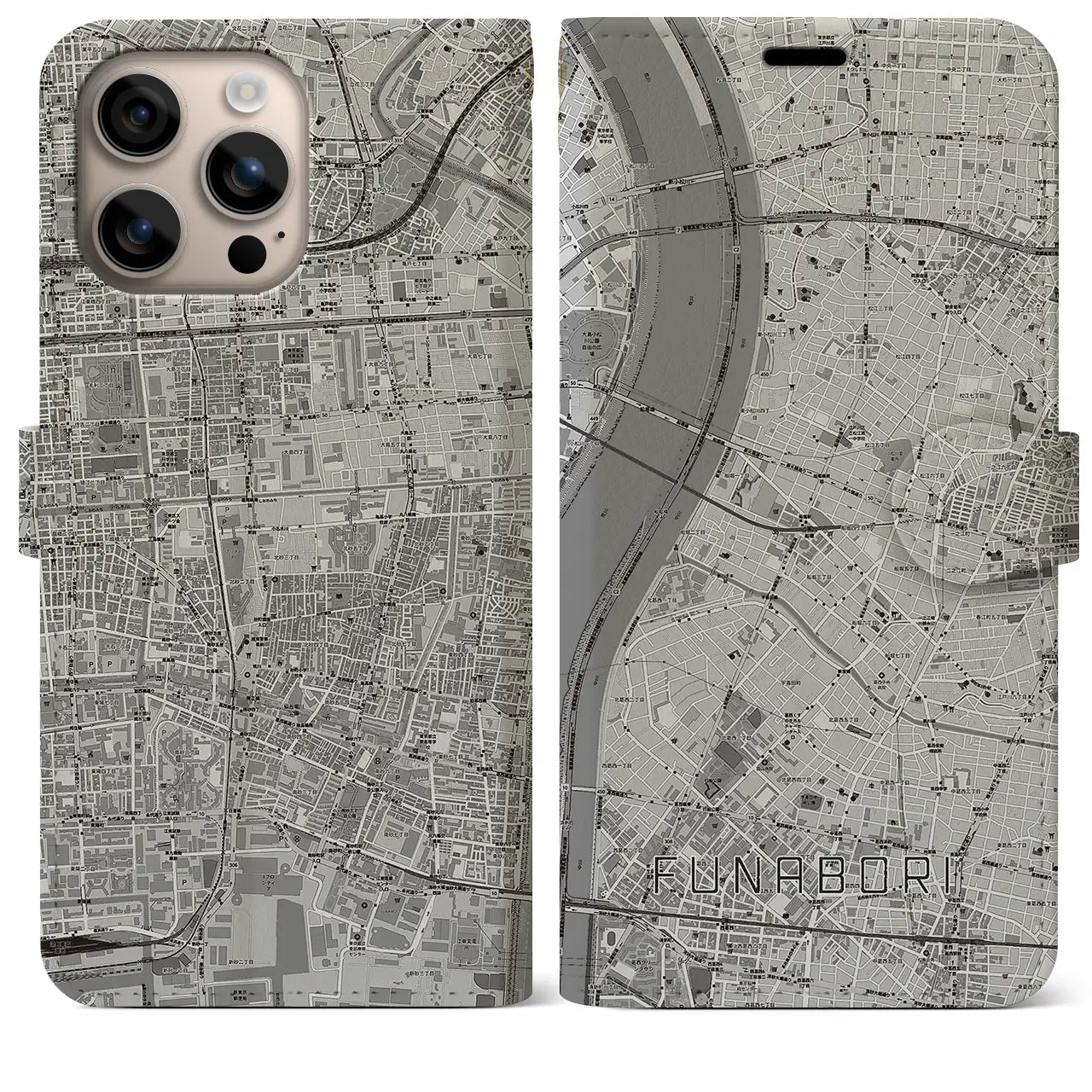 【船堀(東京都)】地図柄iPhoneケース(手帳タイプ)モノトーン・iPhone 16 Plus 用