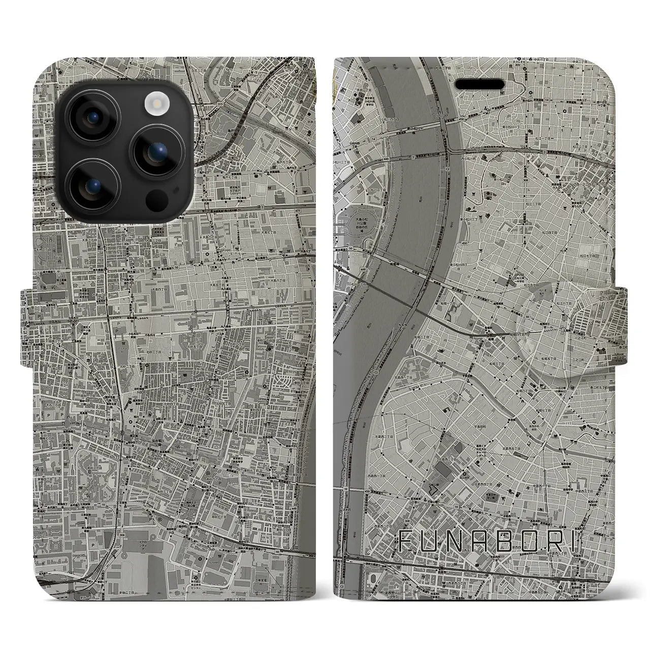 【船堀(東京都)】地図柄iPhoneケース(手帳タイプ)モノトーン・iPhone 16 用