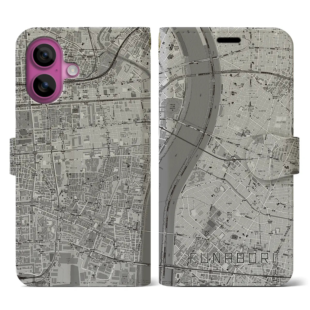 【船堀(東京都)】地図柄iPhoneケース(手帳タイプ)モノトーン・iPhone 16 Pro 用