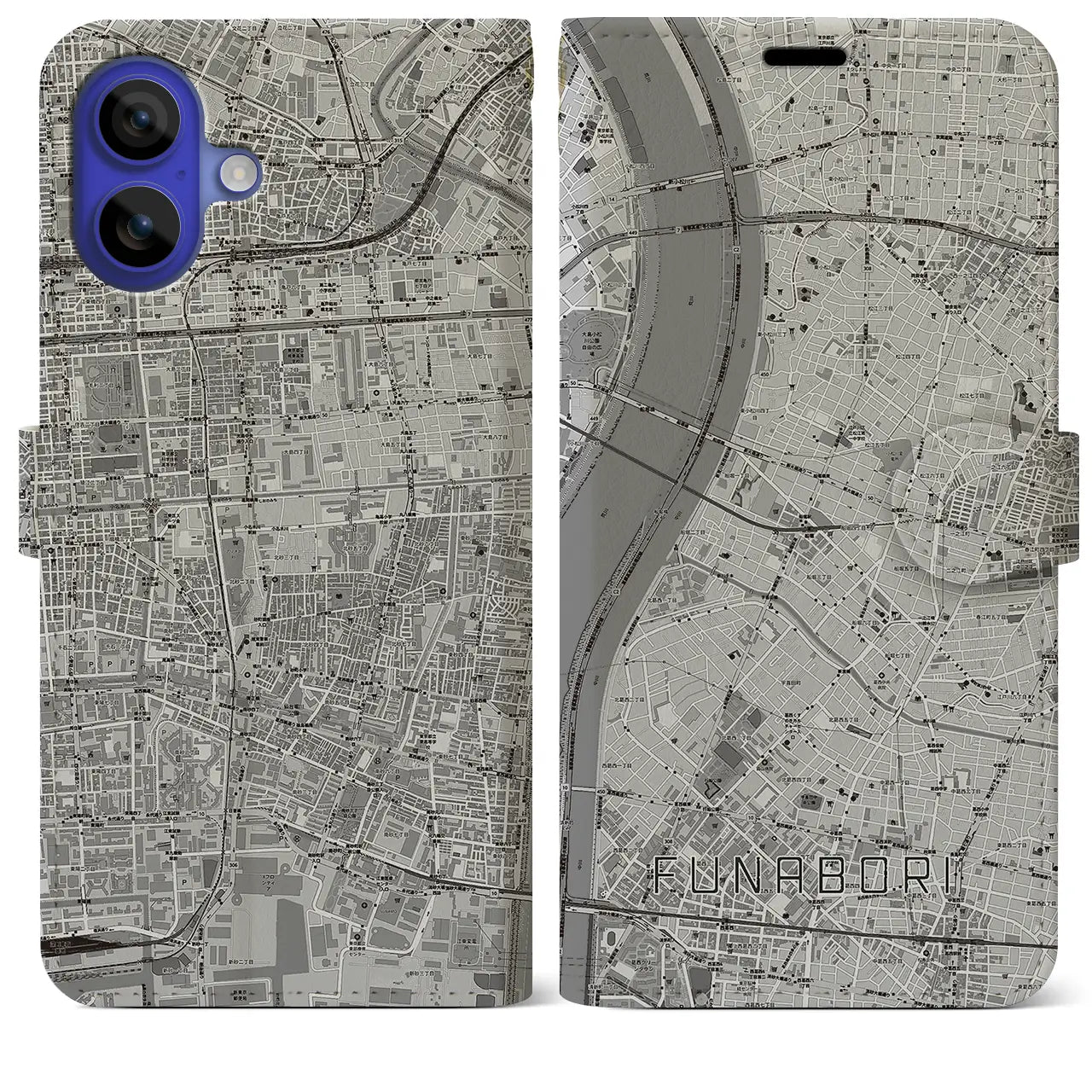 【船堀(東京都)】地図柄iPhoneケース(手帳タイプ)モノトーン・iPhone 16 Pro Max 用