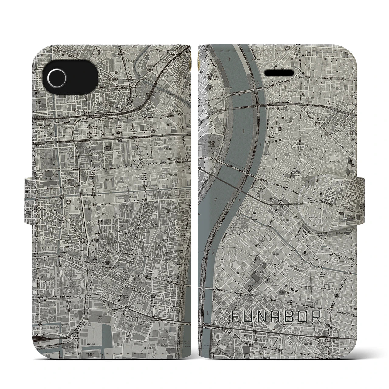 【船堀(東京都)】地図柄iPhoneケース(手帳タイプ)モノトーン・iPhone SE(第3 / 第2世代) / 8 / 7 / 6s / 6 用