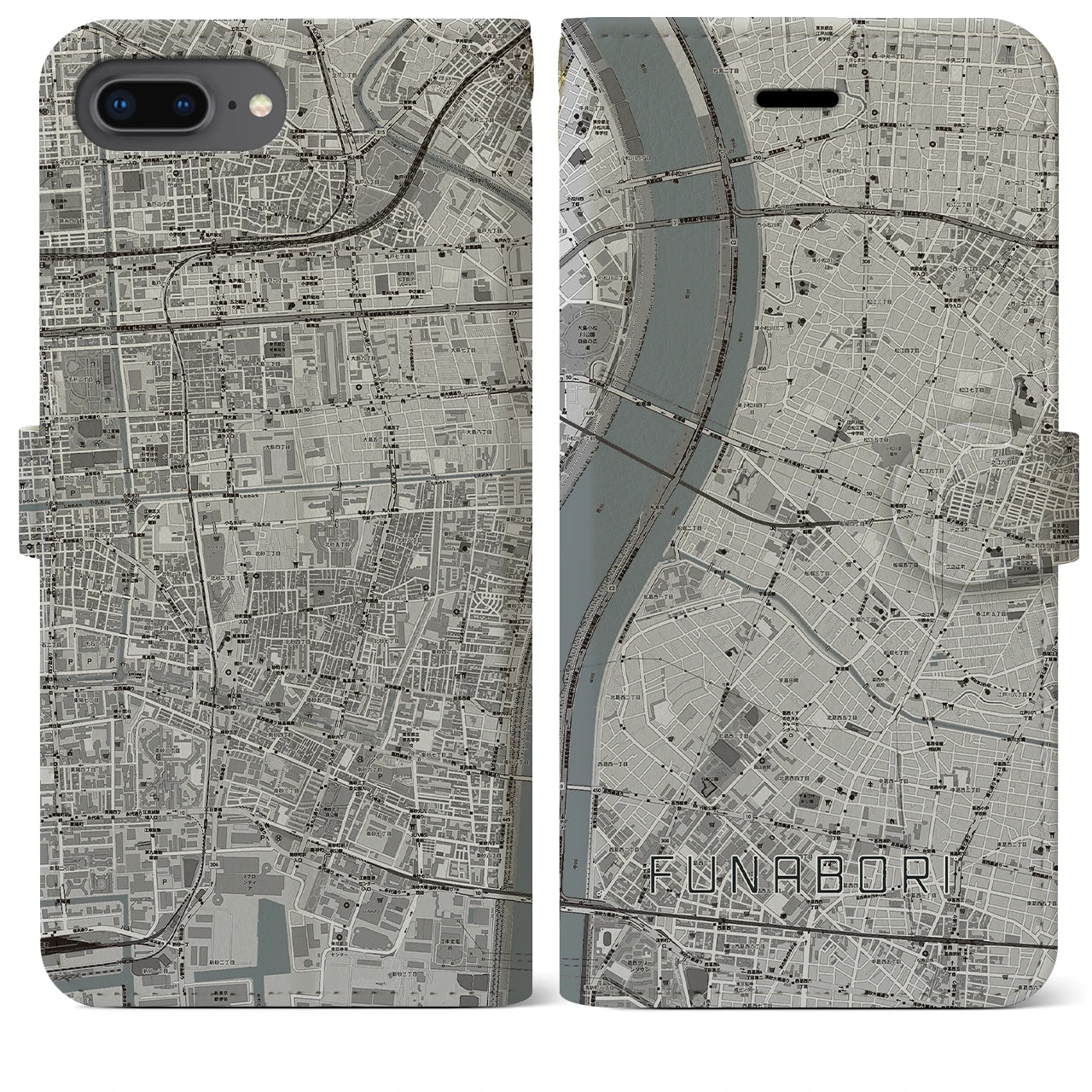 【船堀(東京都)】地図柄iPhoneケース(手帳タイプ)モノトーン・iPhone 8Plus /7Plus / 6sPlus / 6Plus 用