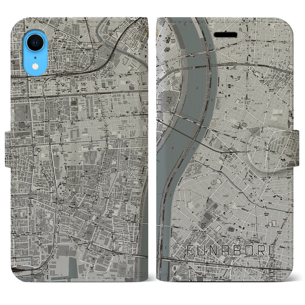 【船堀(東京都)】地図柄iPhoneケース(手帳タイプ)モノトーン・iPhone XR 用