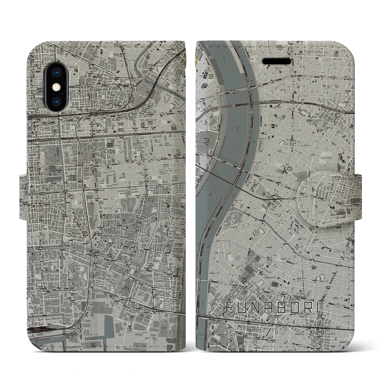 【船堀(東京都)】地図柄iPhoneケース(手帳タイプ)モノトーン・iPhone XS / X 用