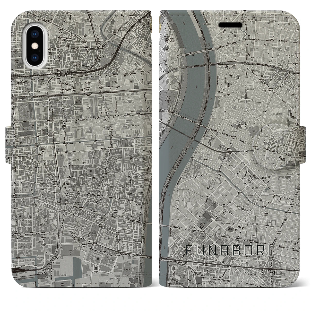 【船堀(東京都)】地図柄iPhoneケース(手帳タイプ)モノトーン・iPhone XS Max 用