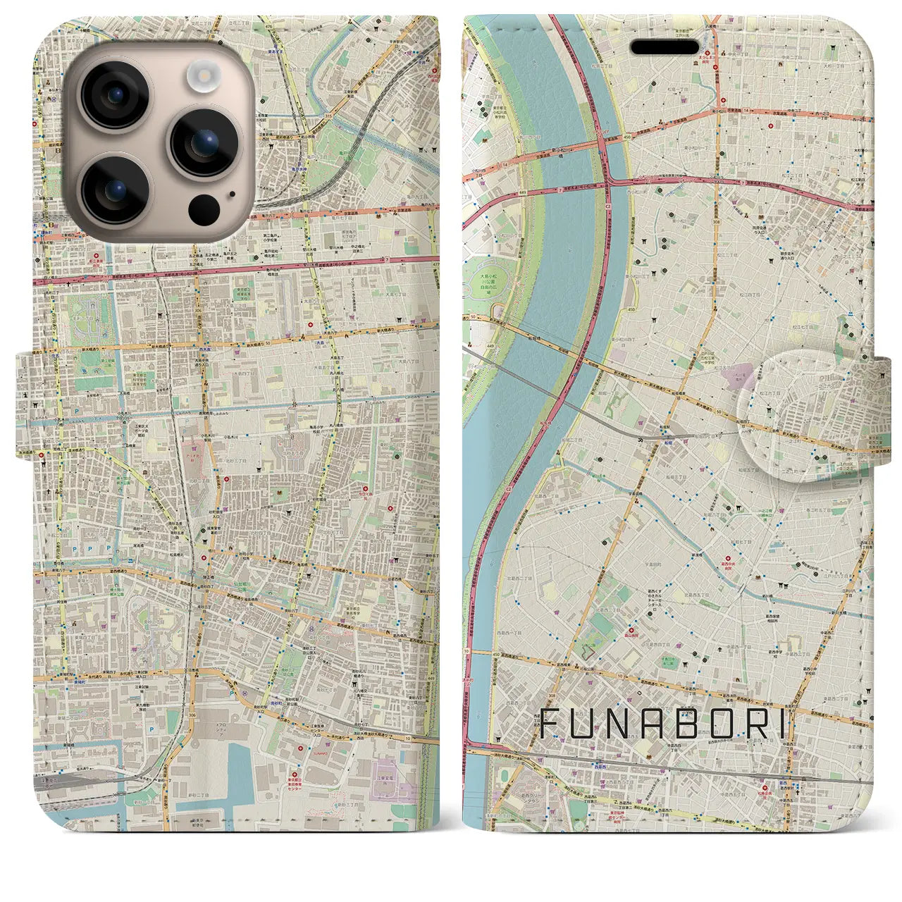 【船堀(東京都)】地図柄iPhoneケース(手帳タイプ)ナチュラル・iPhone 16 Plus 用