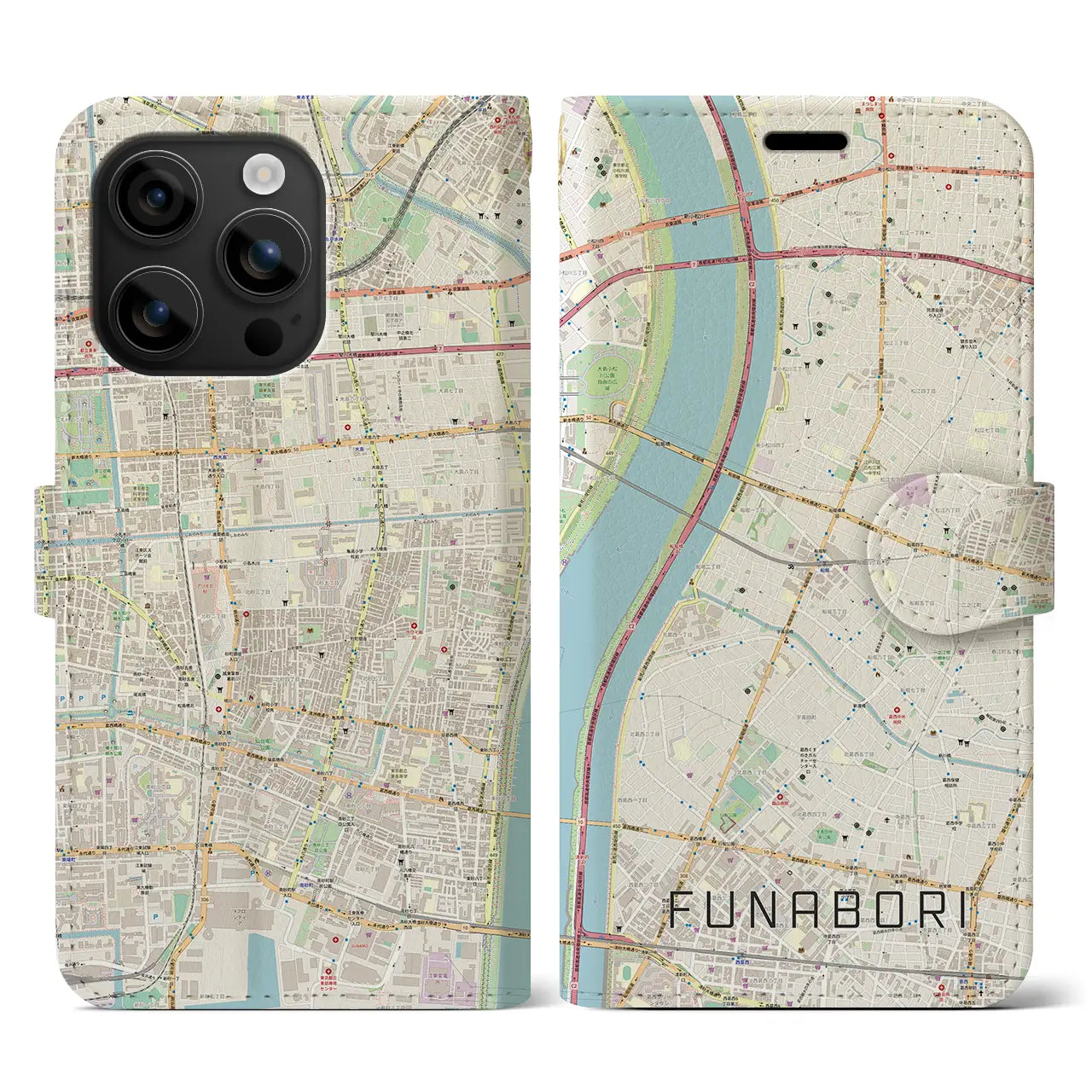 【船堀(東京都)】地図柄iPhoneケース(手帳タイプ)ナチュラル・iPhone 16 用