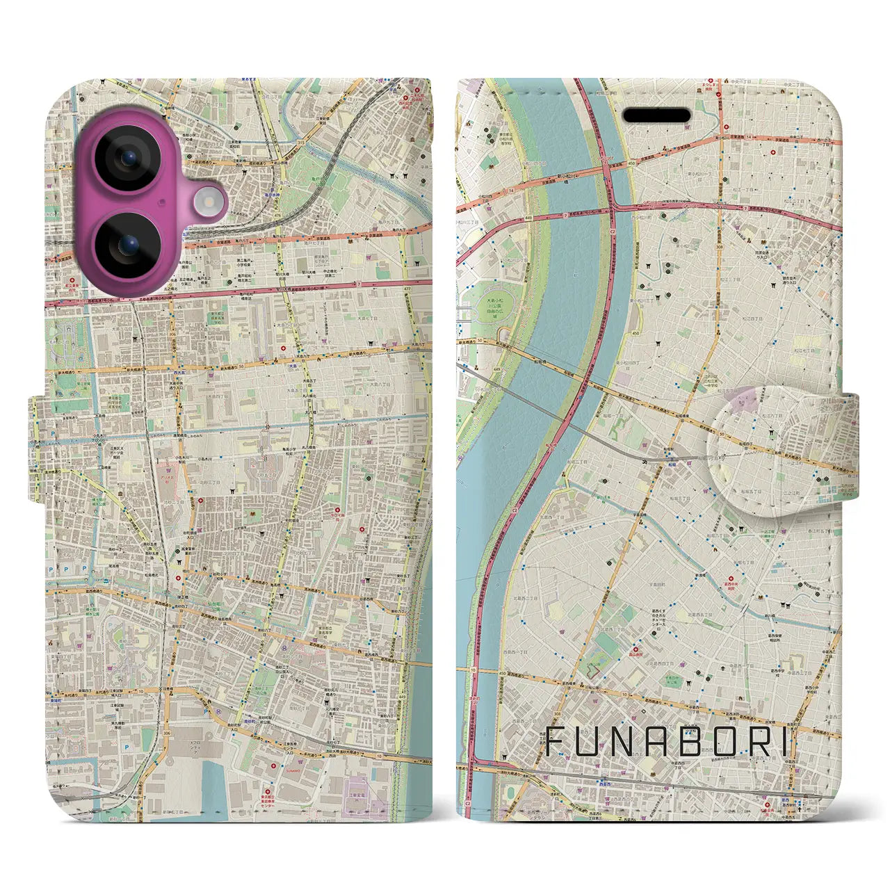 【船堀(東京都)】地図柄iPhoneケース(手帳タイプ)ナチュラル・iPhone 16 Pro 用