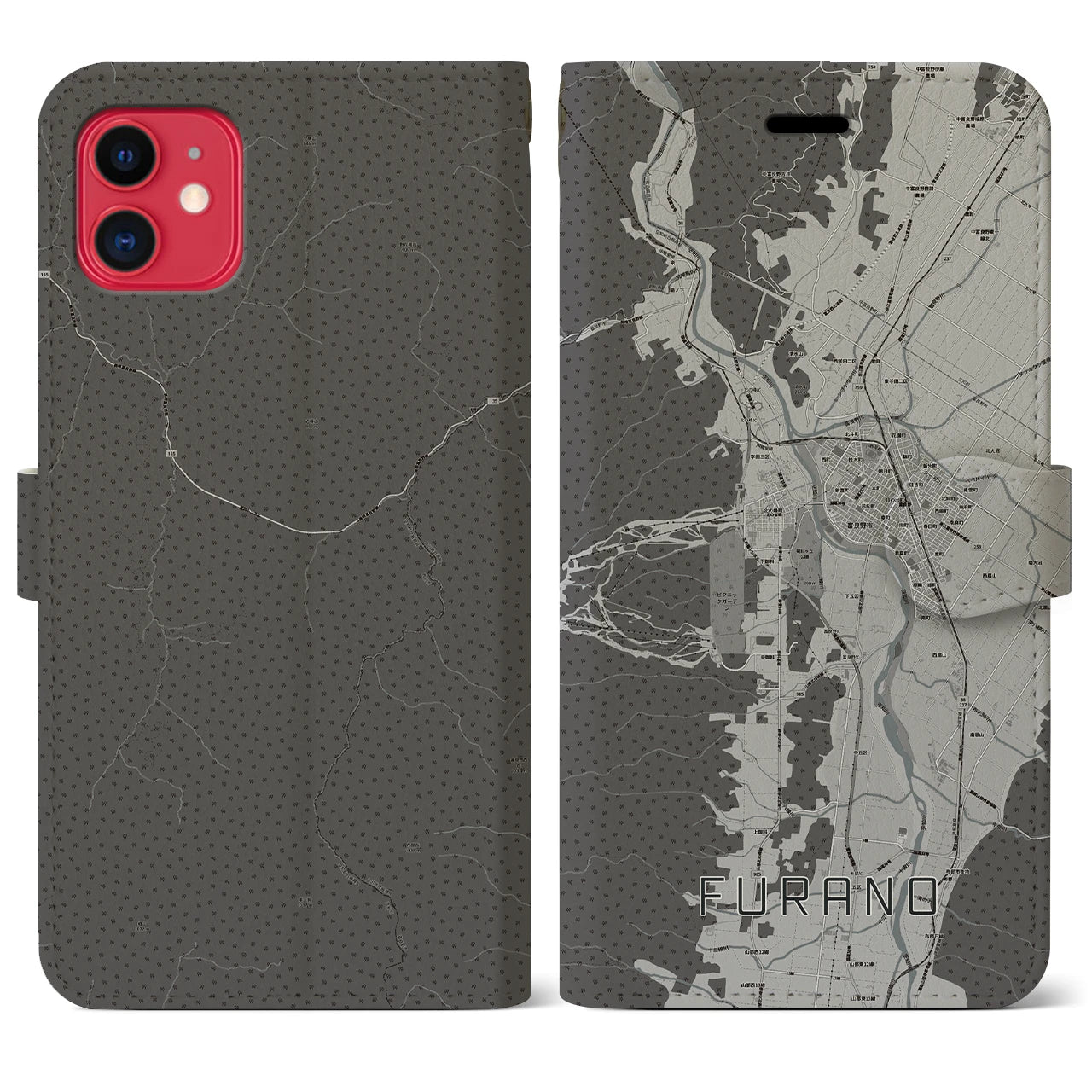 【富良野(北海道)】地図柄iPhoneケース(手帳タイプ)モノトーン・iPhone 11 用