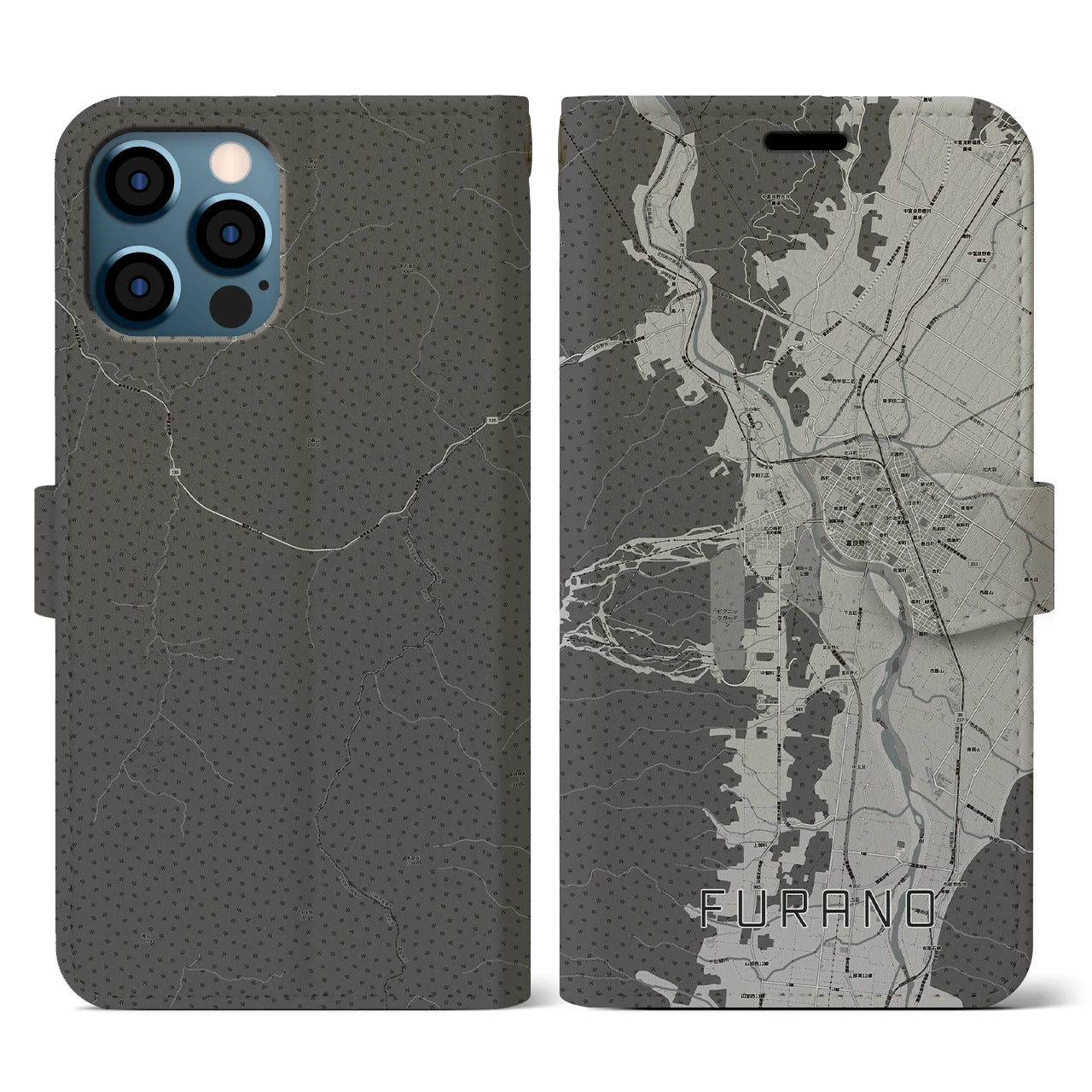 【富良野(北海道)】地図柄iPhoneケース(手帳タイプ)モノトーン・iPhone 12 / 12 Pro 用
