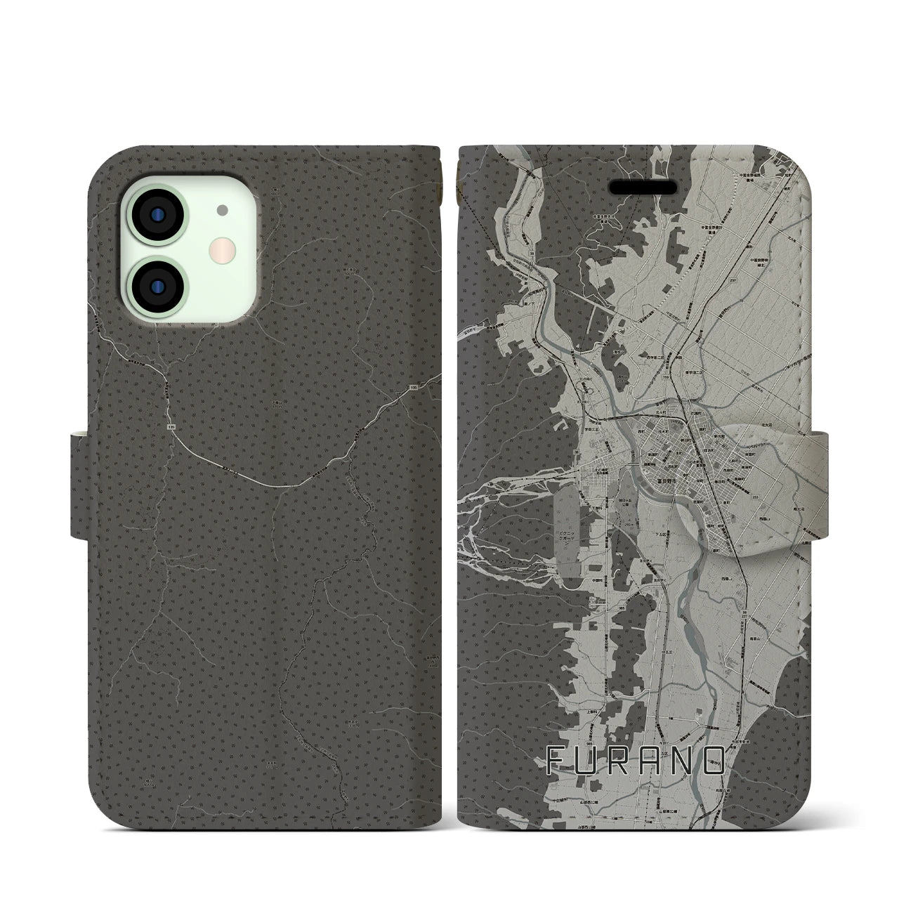 【富良野(北海道)】地図柄iPhoneケース(手帳タイプ)モノトーン・iPhone 12 mini 用