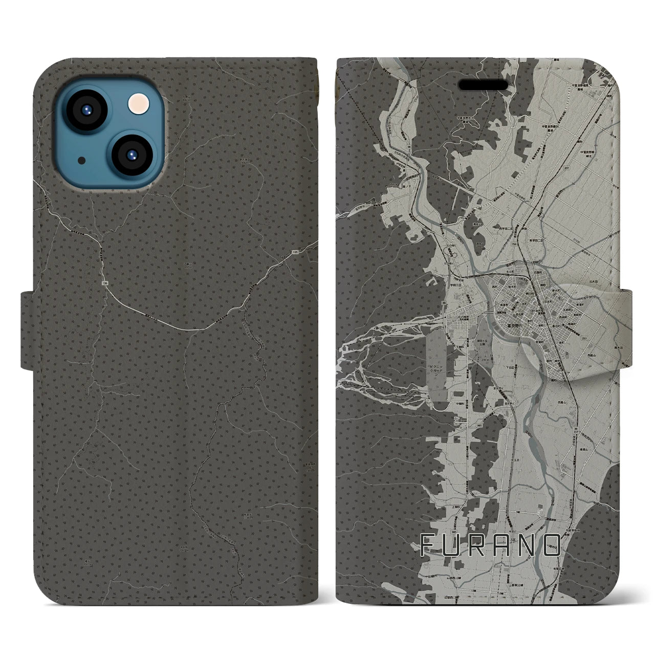 【富良野(北海道)】地図柄iPhoneケース(手帳タイプ)モノトーン・iPhone 13 用