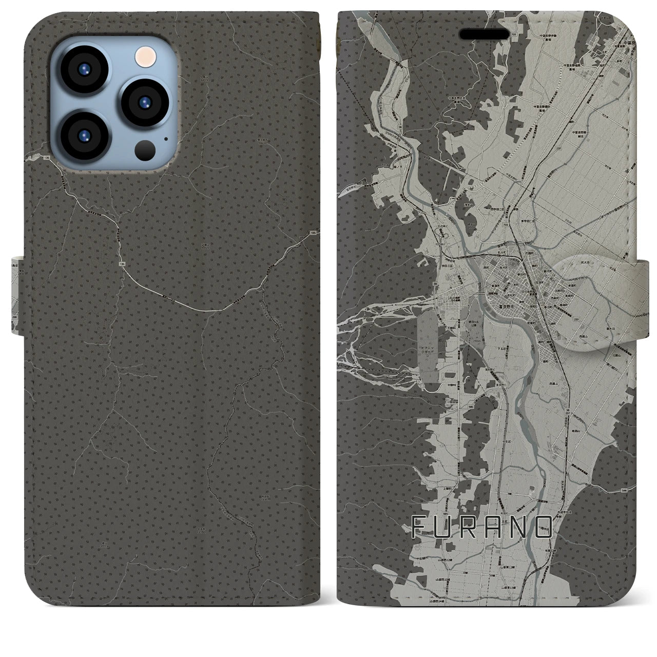 【富良野(北海道)】地図柄iPhoneケース(手帳タイプ)モノトーン・iPhone 13 Pro Max 用