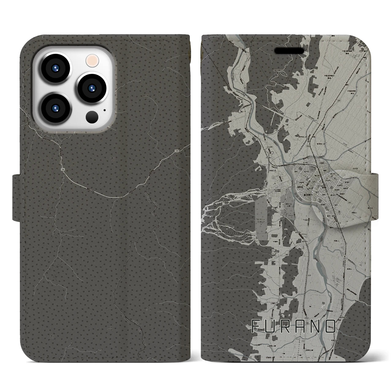 【富良野(北海道)】地図柄iPhoneケース(手帳タイプ)モノトーン・iPhone 13 Pro 用
