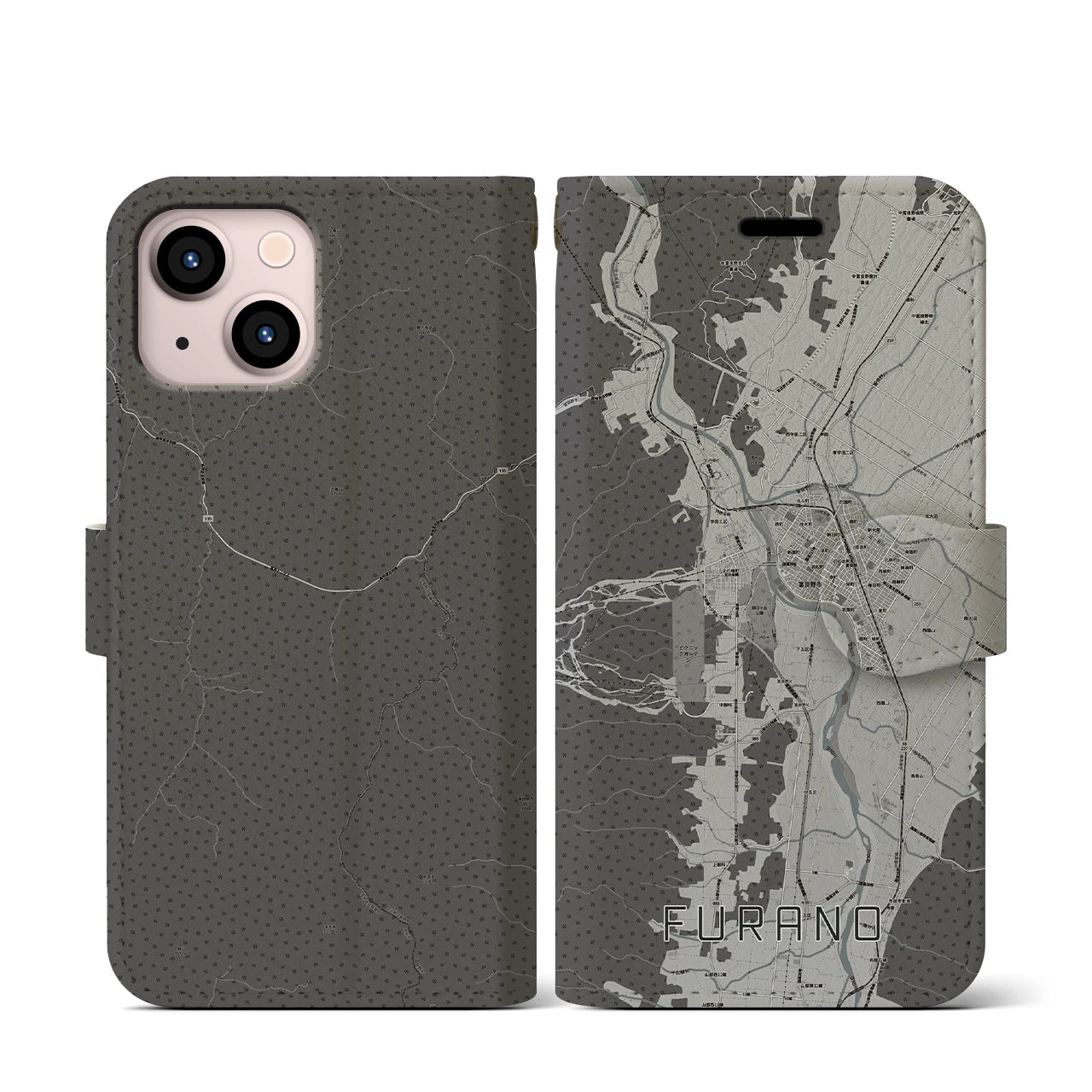 【富良野(北海道)】地図柄iPhoneケース(手帳タイプ)モノトーン・iPhone 13 mini 用