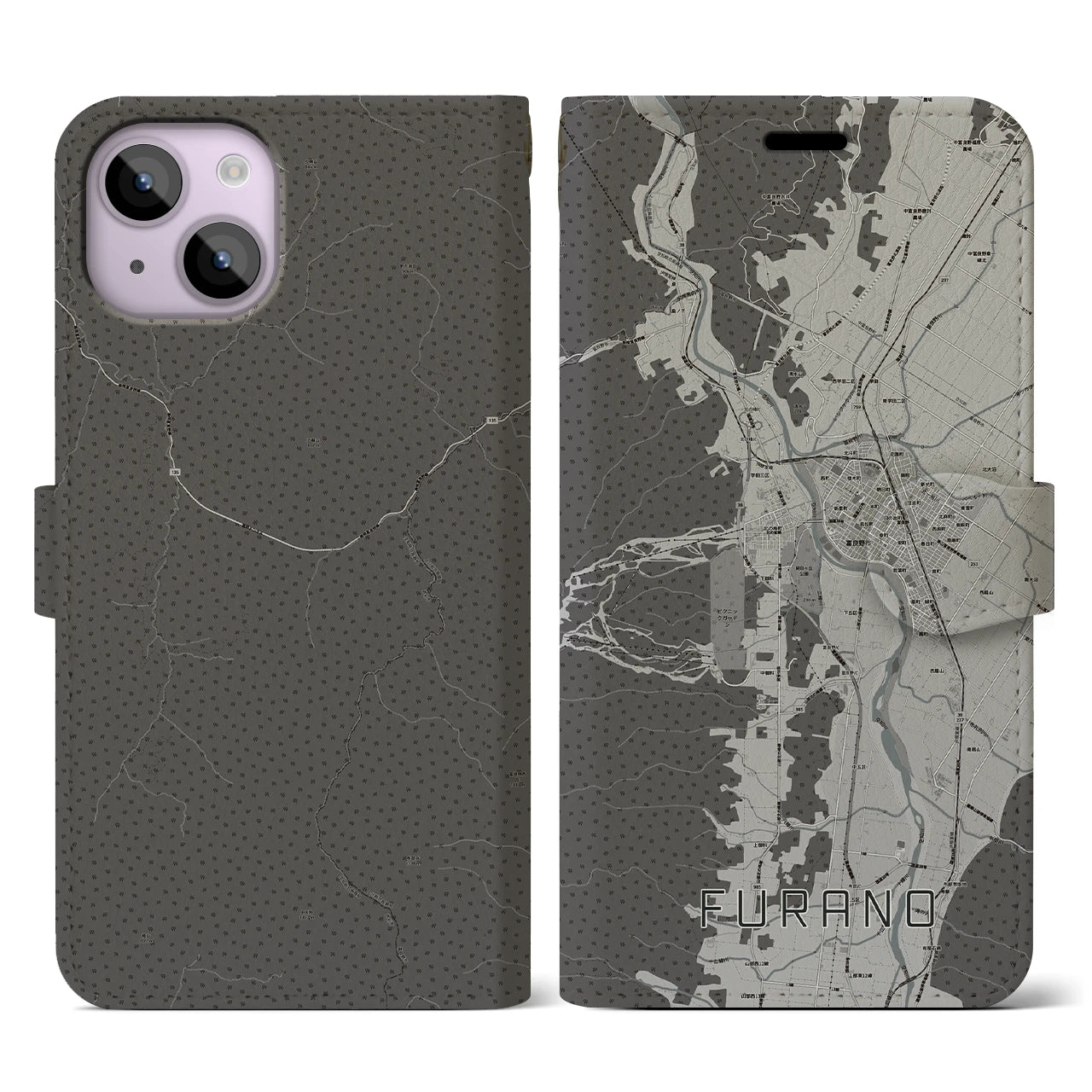 【富良野(北海道)】地図柄iPhoneケース(手帳タイプ)モノトーン・iPhone 14 用